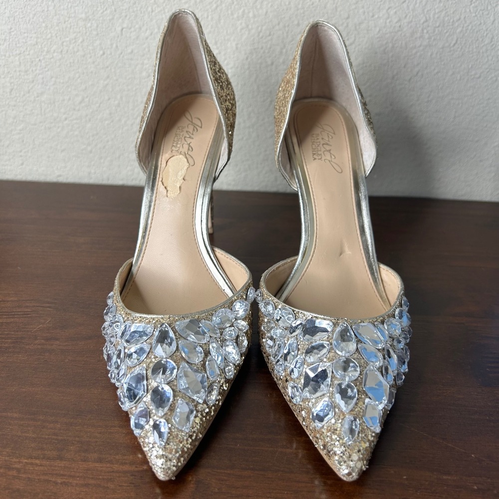 Jewel Badgley Mischka Pumps 7.5 Upton Evening Heels Gold Rhinestone D'Orsay - Picture 2 of 8